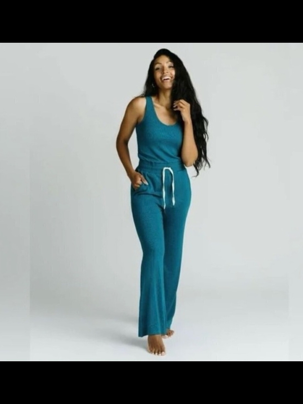 Teal Ribbed Tank Jumpsuit with Drawstring Waist